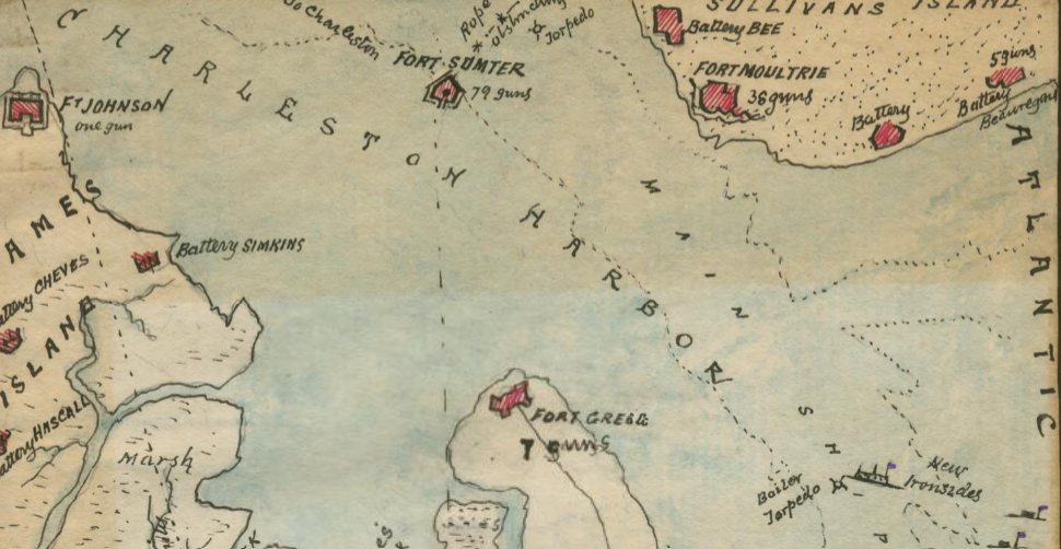 Hand-drawn 1863 map of Charleston Harbor marking Fort Sumter, Fort Moultrie, Fort Johnson, Fort Gregg on Morris Island and other batteries in red