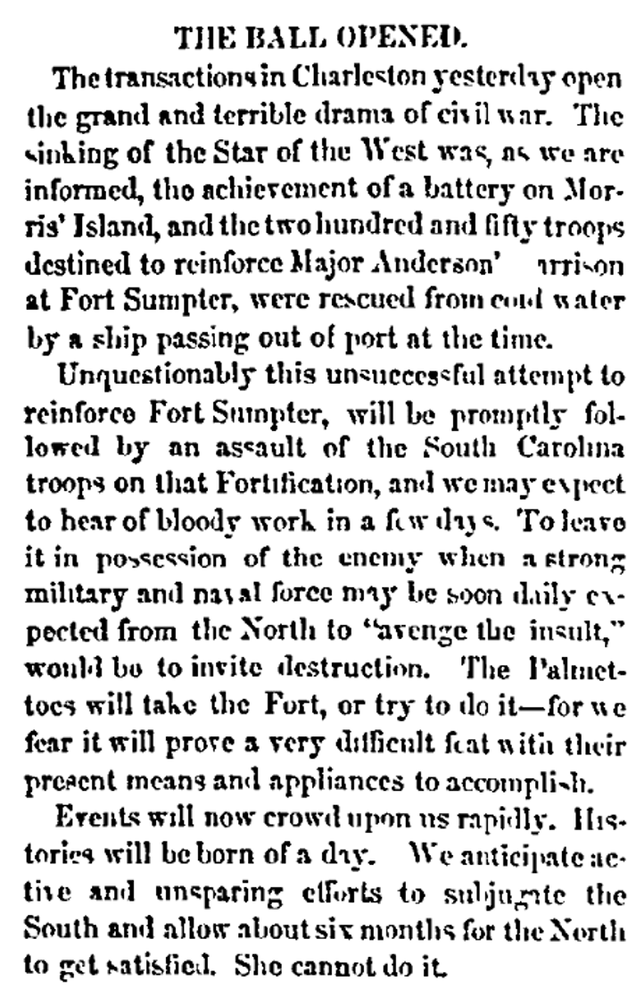 Macon Telegraph clipping headlined “The Ball Opened,” reporting that the Star of the West had been sunk by a battery on Morris Island and predicting an assault on Fort Sumter