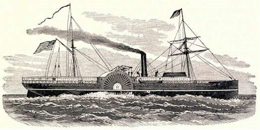 Engraving of the side-wheel steamer Star of the West under way, smoke rising from its stack